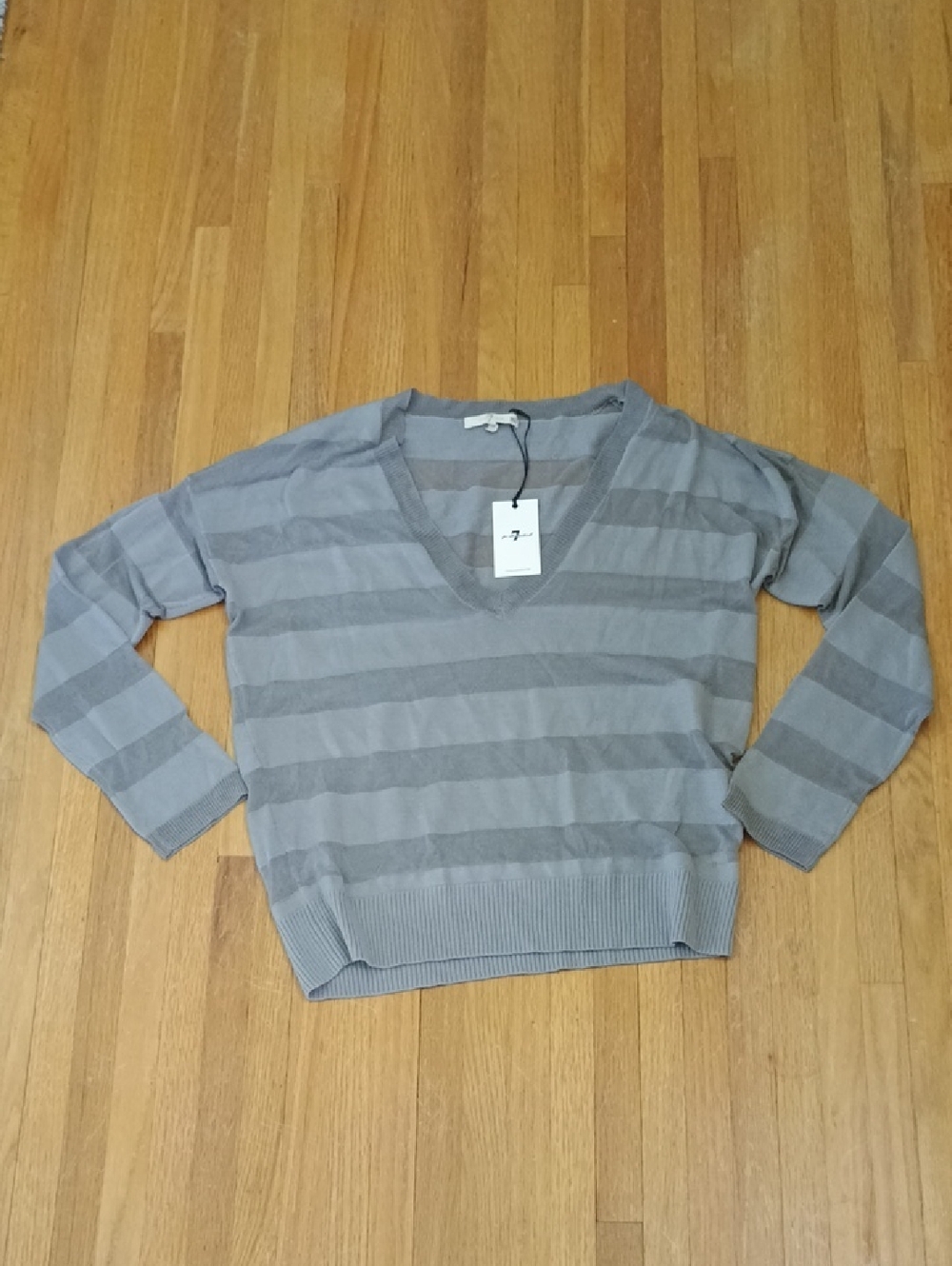 7 For All Mankind Light Gray Striped V-Neck Sweater